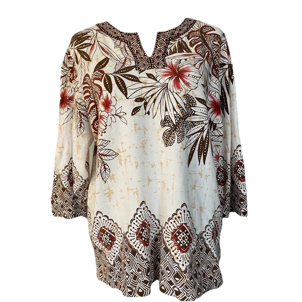 Vintage 90s Tropical Pullover Top Sz L Ivory Brown Geometric Trim Hawaiian Boho